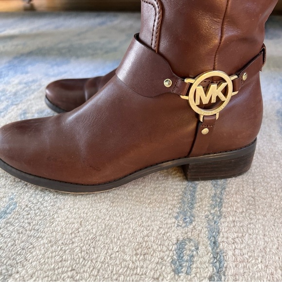 MICHAEL KORS FULTON HARNESS GOLD MK LOGO MOCHA BROWN TALL RIDING BOOTS SIZE 8 - Picture 3 of 12